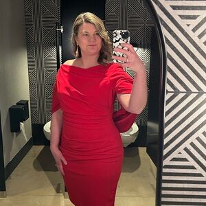 Size 16 women’s red cape dress by Betsy & Adam Elegant Red Cape Sleeve Dress wow